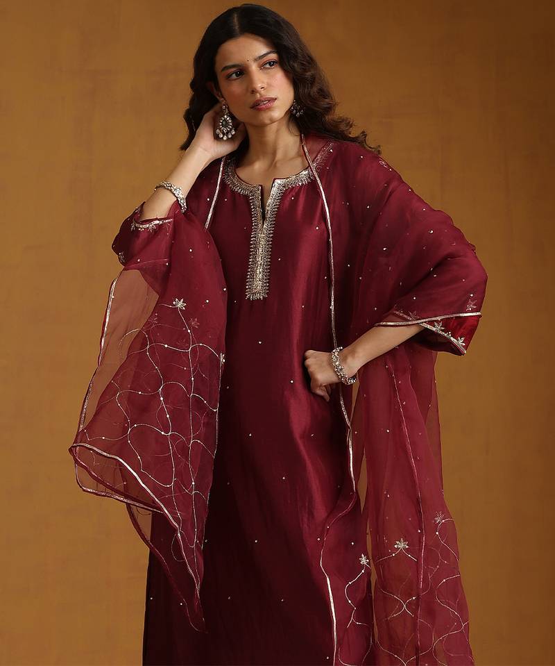 Maroon embroidered chanderi long kurti set