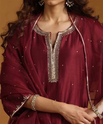 Maroon embroidered chanderi long kurti set 5