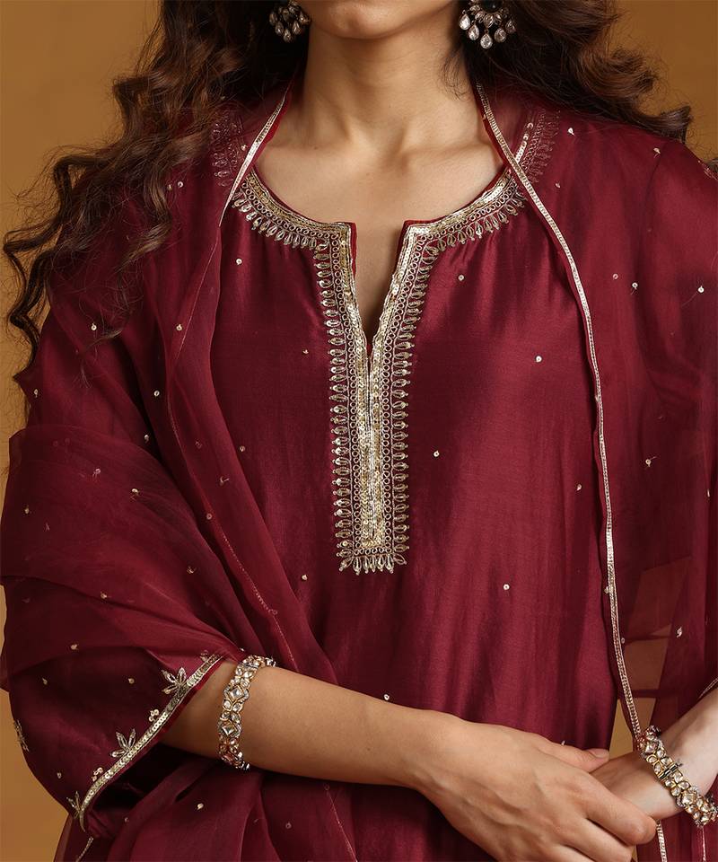 Maroon embroidered chanderi long kurti set
