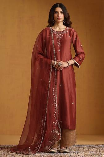 Rust red embroidered chanderi long kurti set