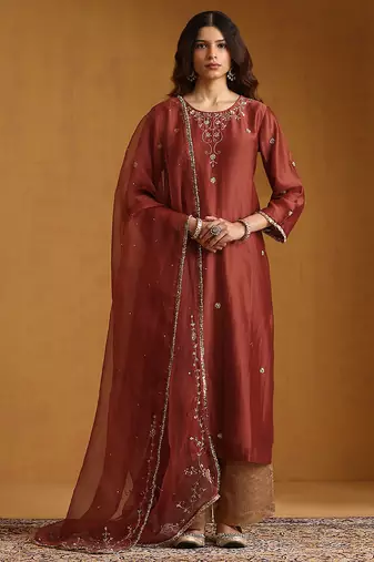 Rust red embroidered chanderi long kurti set