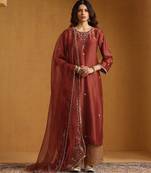 Rust red embroidered chanderi long kurti set