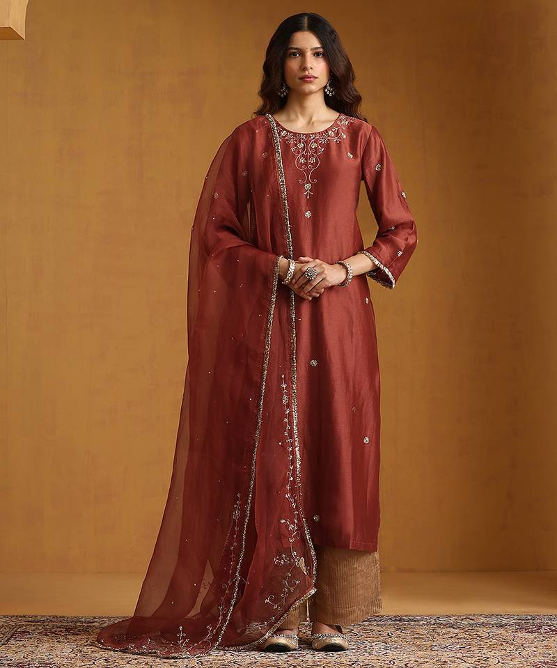Rust red embroidered chanderi long kurti set