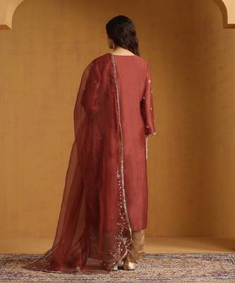 Rust red embroidered chanderi long kurti set 3