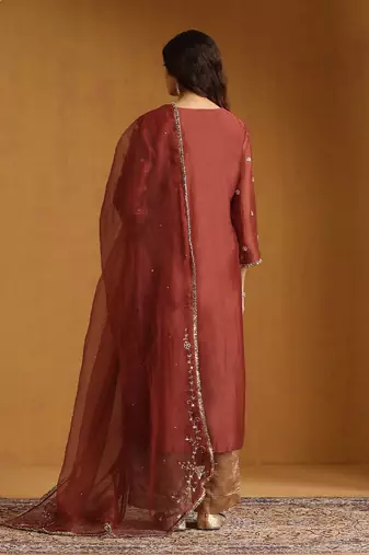 Rust red embroidered chanderi long kurti set
