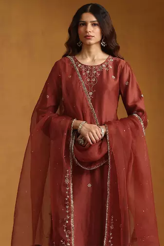 Rust red embroidered chanderi long kurti set