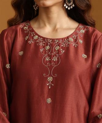 Rust red embroidered chanderi long kurti set 5
