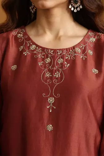 Rust red embroidered chanderi long kurti set