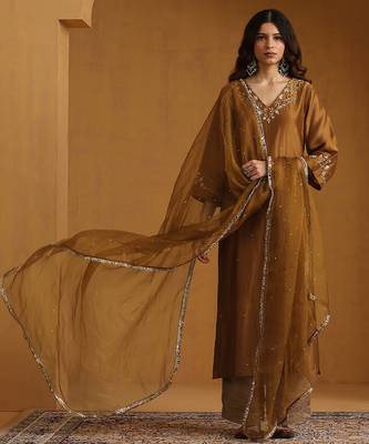 Antique gold embroidered chanderi long kurti set 1