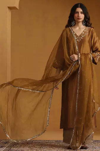 Antique gold embroidered chanderi long kurti set