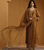 Antique gold embroidered chanderi long kurti set
