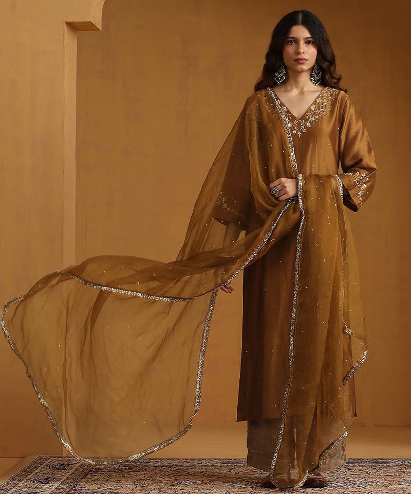 Antique gold embroidered chanderi long kurti set