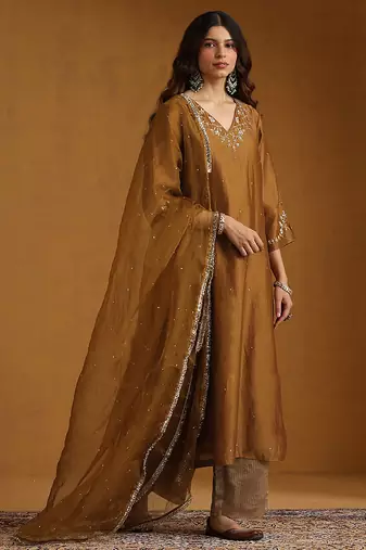 Antique gold embroidered chanderi long kurti set