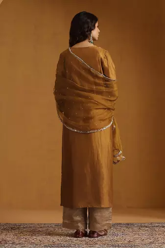 Antique gold embroidered chanderi long kurti set