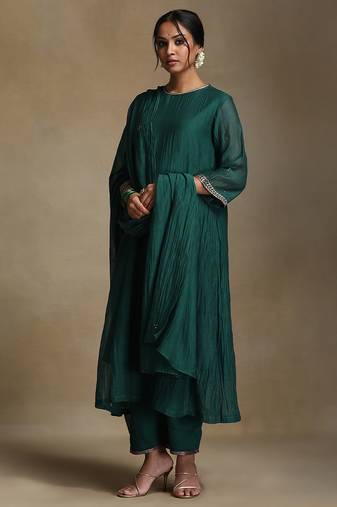 Emerald green embroidered chanderi long kurti set
