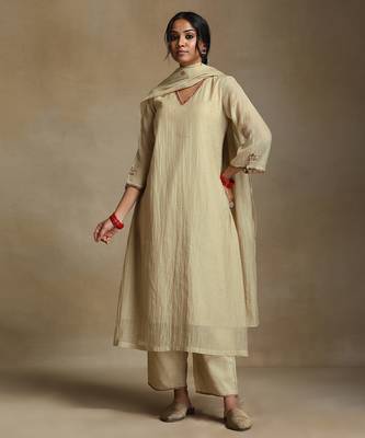 Off white embroidered chanderi long kurti set 1