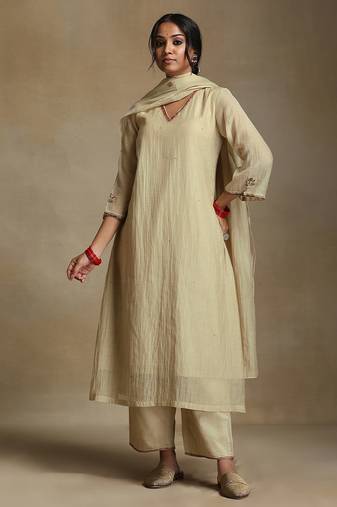 Off white embroidered chanderi long kurti set
