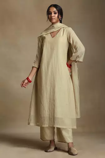 Off white embroidered chanderi long kurti set