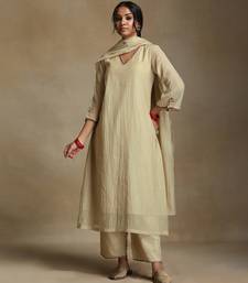 Off white embroidered chanderi long kurti set