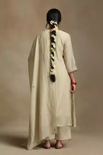 Off white embroidered chanderi long kurti set