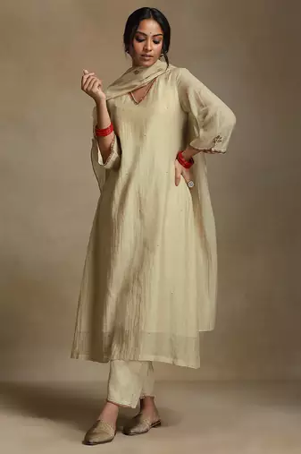 Off white embroidered chanderi long kurti set