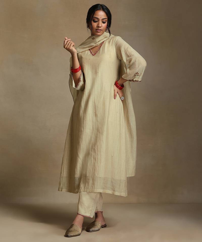 Off white embroidered chanderi long kurti set