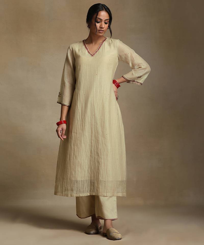 Off white embroidered chanderi long kurti set