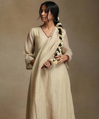Off white embroidered chanderi long kurti set 5