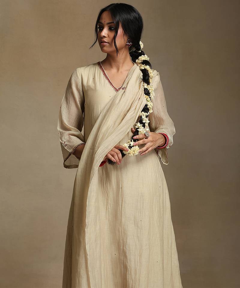 Off white embroidered chanderi long kurti set