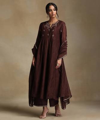 Coffee brown embroidered chanderi long kurti set 1
