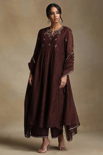 Coffee brown embroidered chanderi long kurti set