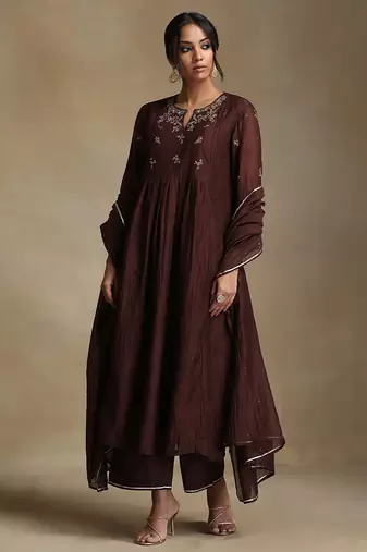 Coffee brown embroidered chanderi long kurti set