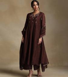 Coffee brown embroidered chanderi long kurti set