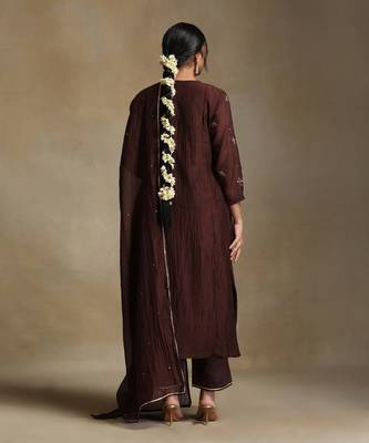 Coffee brown embroidered chanderi long kurti set 2