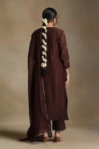 Coffee brown embroidered chanderi long kurti set