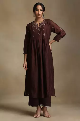 Coffee brown embroidered chanderi long kurti set