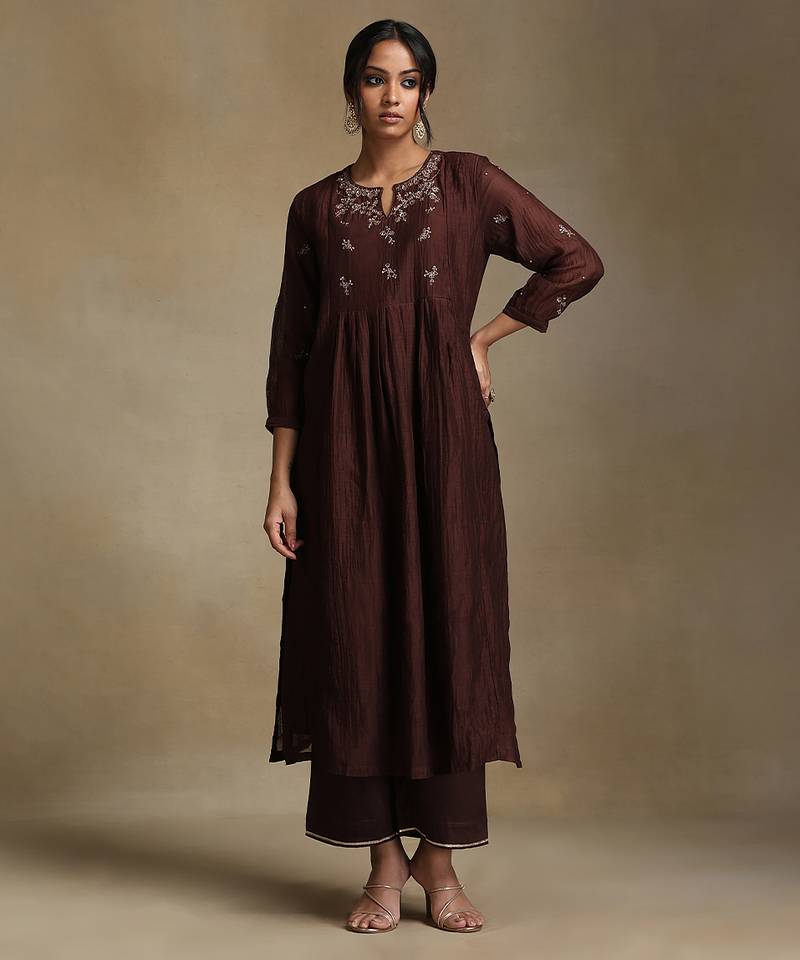 Coffee brown embroidered chanderi long kurti set