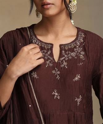 Coffee brown embroidered chanderi long kurti set 4