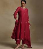 Crimson red embroidered chanderi long kurti set