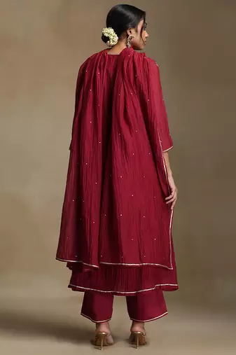 Crimson red embroidered chanderi long kurti set