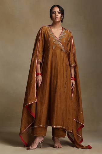 Mustard yellow embroidered chanderi long kurti set