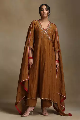 Mustard yellow embroidered chanderi long kurti set