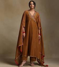 Mustard yellow embroidered chanderi long kurti set