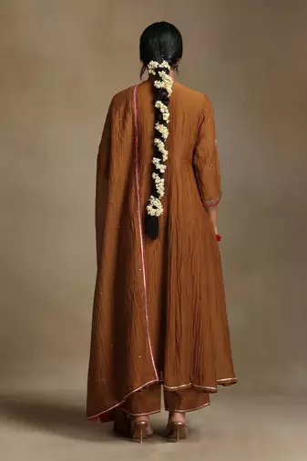 Mustard yellow embroidered chanderi long kurti set