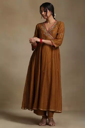 Mustard yellow embroidered chanderi long kurti set
