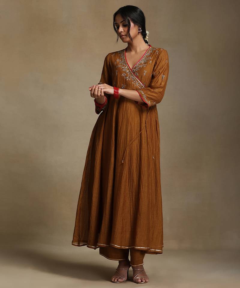 Mustard yellow embroidered chanderi long kurti set
