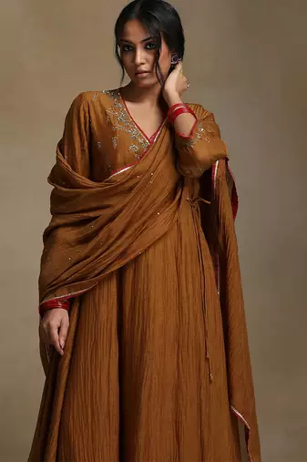 Mustard yellow embroidered chanderi long kurti set