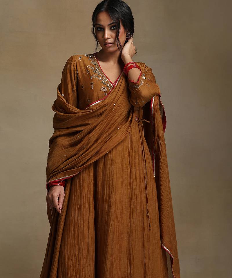 Mustard yellow embroidered chanderi long kurti set