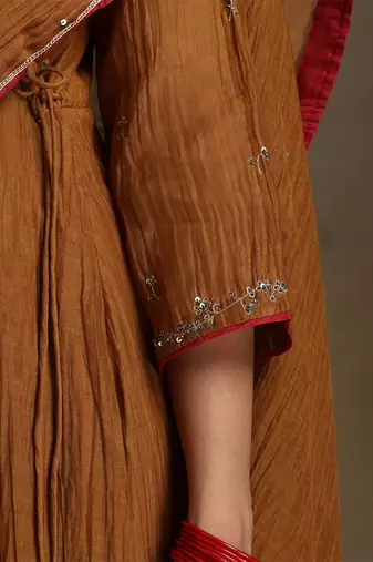 Mustard yellow embroidered chanderi long kurti set