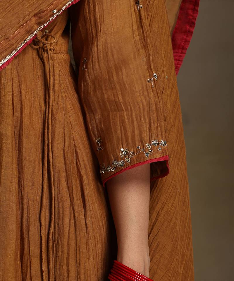 Mustard yellow embroidered chanderi long kurti set